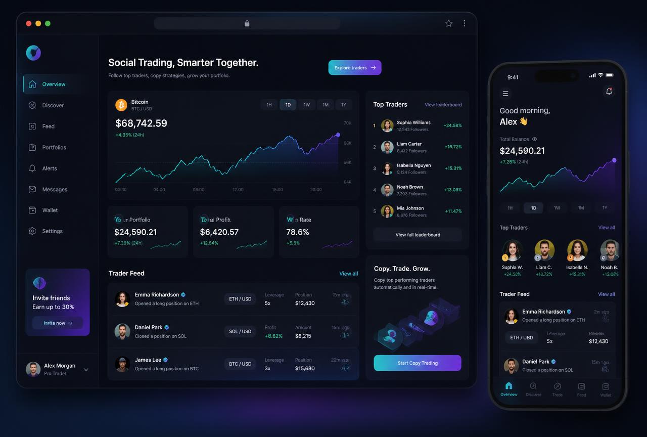 Illustration of a social crypto trading app on desktop and mobile, showing a price chart, trader feed and leaderboard