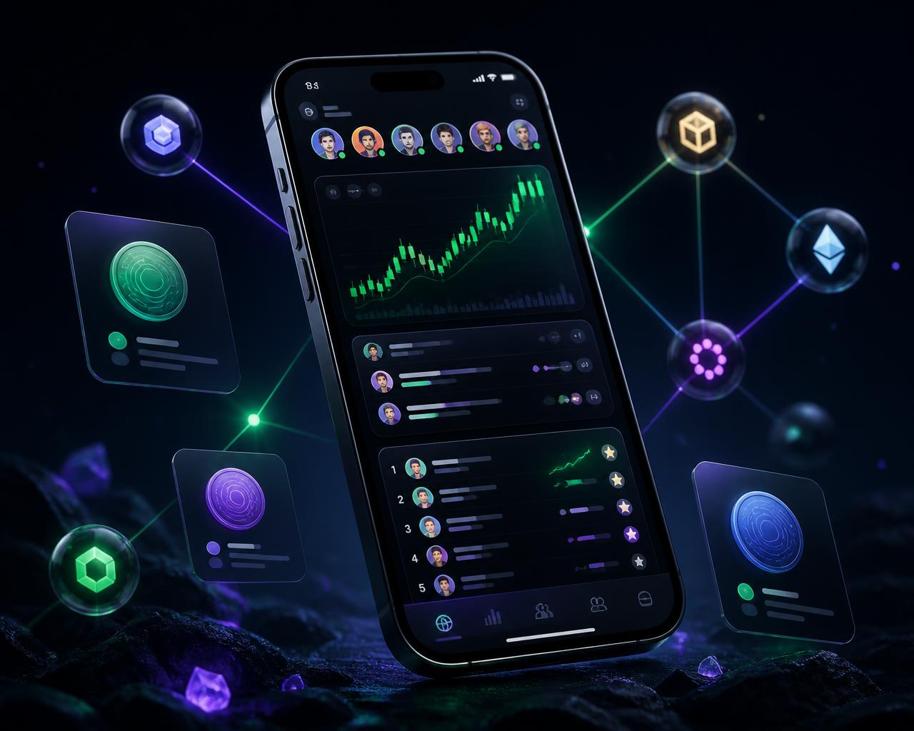 Illustration of a social crypto trading app: a live trader activity feed, rising price chart, leaderboard and multi-chain token network